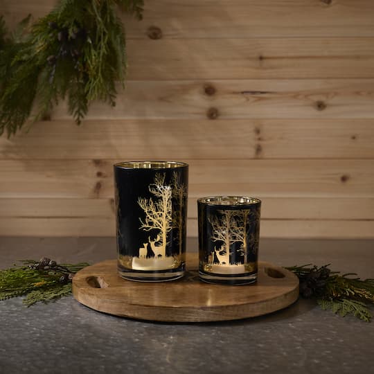 Black & Gold Mossy Oak Deer Glass Candle Holder Set